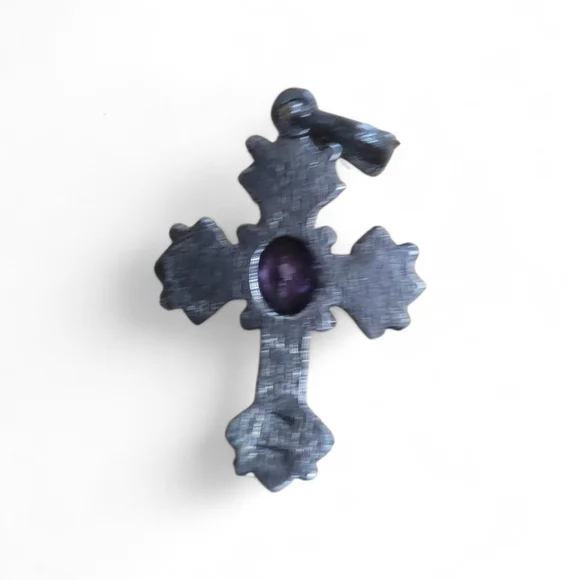 Vintage Sterling Silver Marcasite Amethyst Cross Pendent Gothic Art Deco Style - Picture 2 of 4